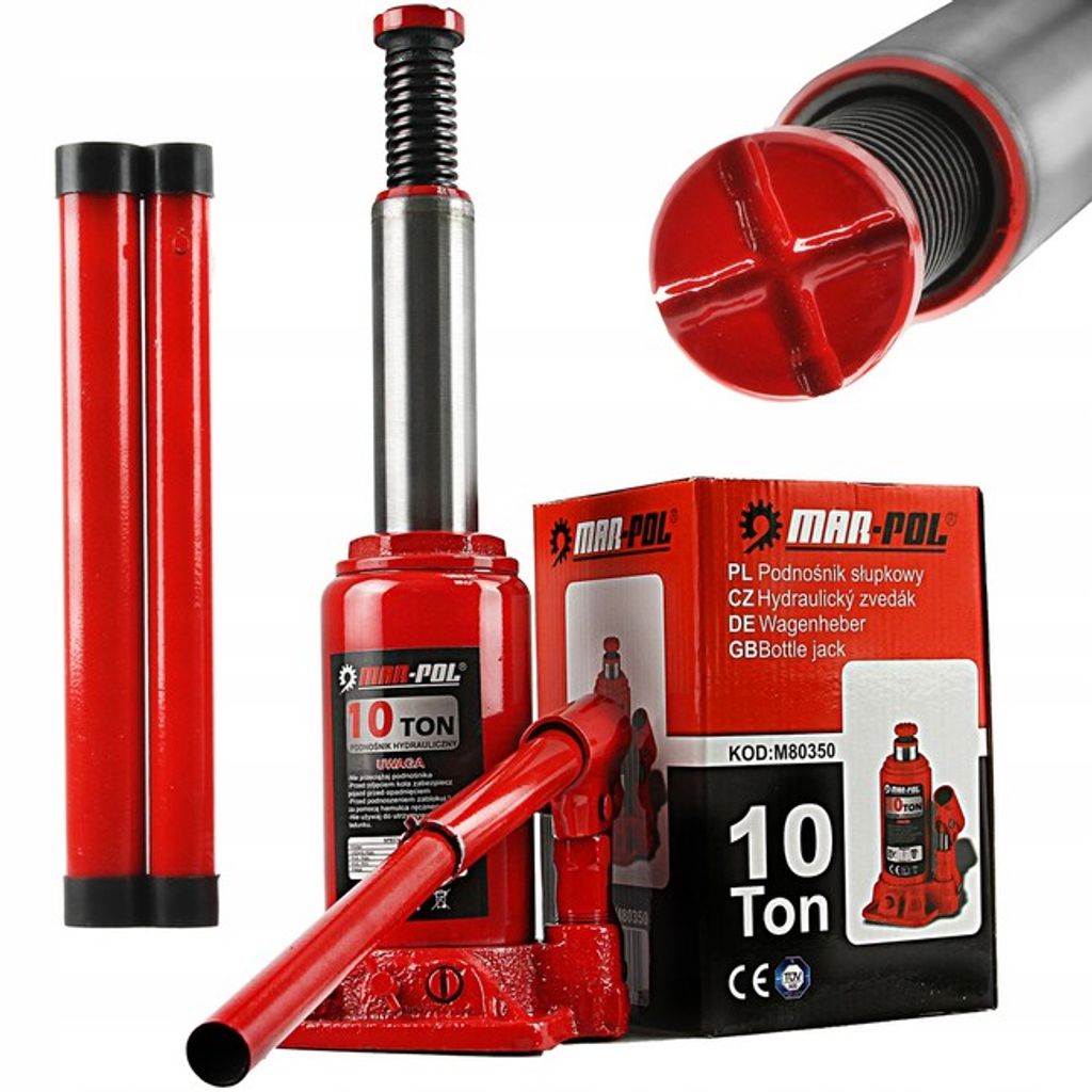 A red hydraulic bottle jack and its packaging are displayed against a white background. Two red extension tubes are also visible.
