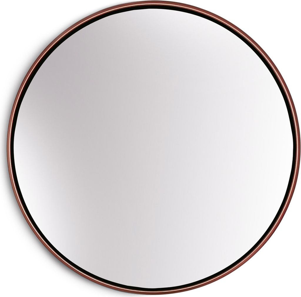 A round mirror with a rose gold metal frame, presented on a white background.