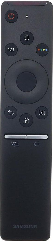 A black Samsung TV remote control is shown from a front-facing, slightly angled perspective against a black background.