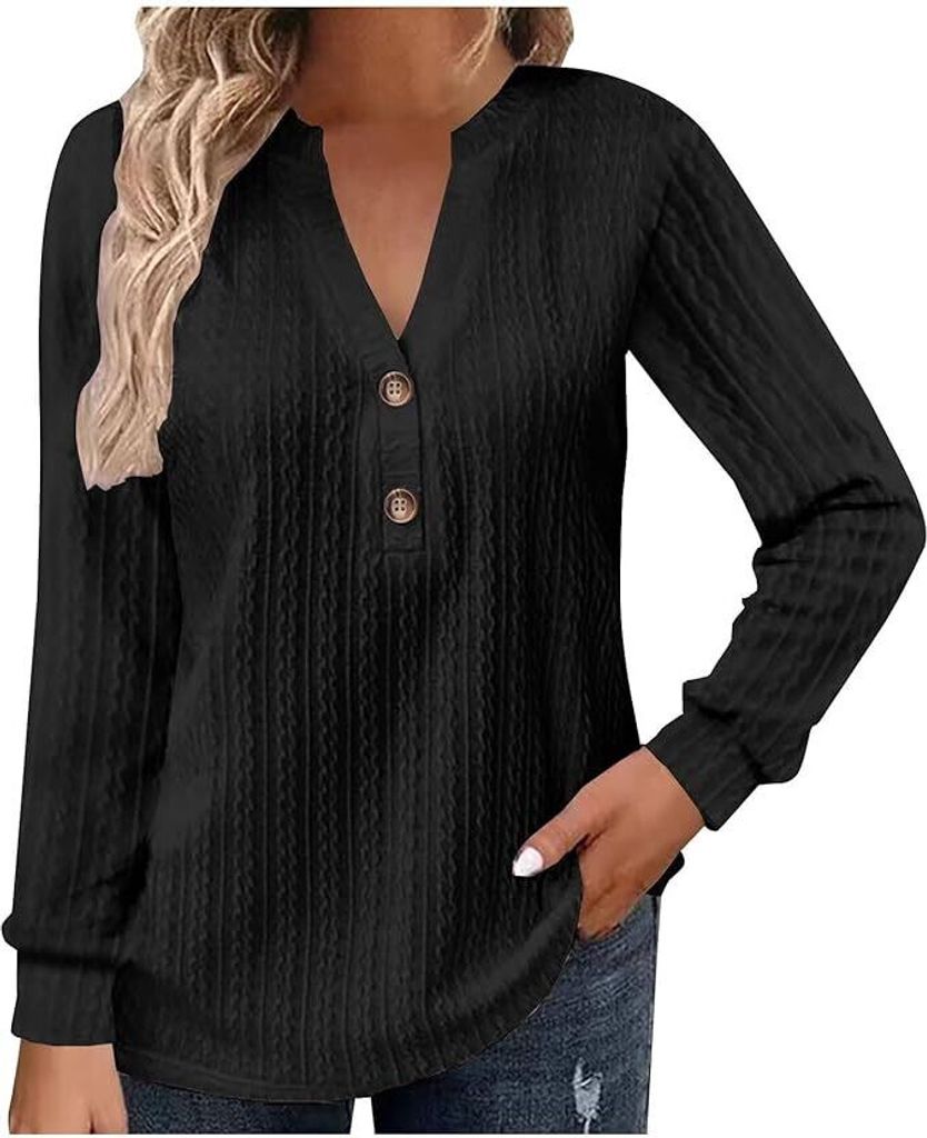 Damen geripptem Strick langärmelig Hemd mit Knopfleiste Blusen Damen V-Ausschnitt lange Ärmel, Button-Down-Oberteile T-Shirts
