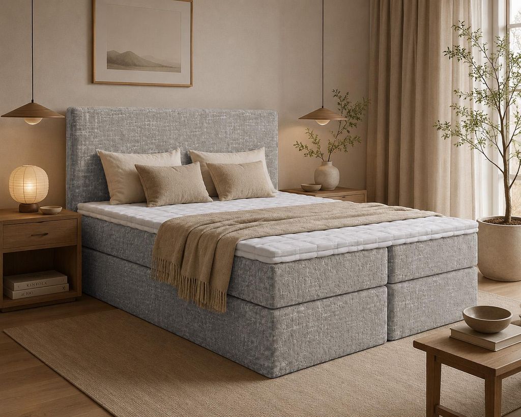 Boxspringbett BOKA Bett aus Chenille-Stoff Doppelbett mit Bonellfederkernmatratze und Bettkasten (120x200, Hellbraun - Tocco 04, topper VISCO)