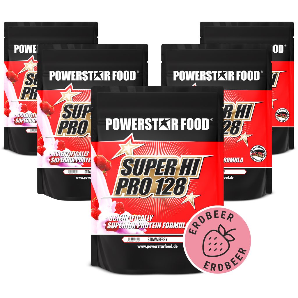 Powerstar SUPER HI PRO 128 | Mehrkomponenten Protein-Pulver 5x1kg | Höchste Biologische Wertigkeit | Protein-Shake zum Muskelaufbau | Erdbeere