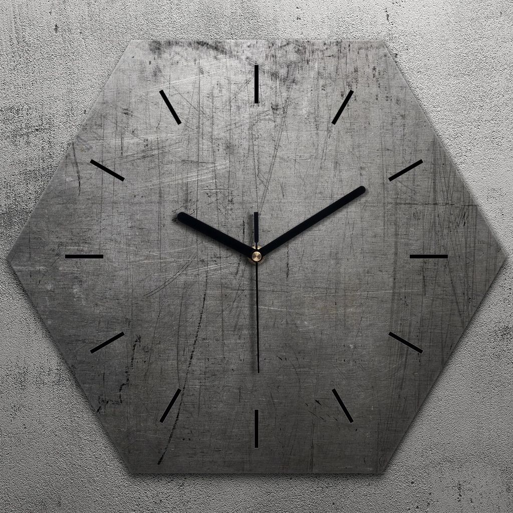 Uhr hexagonal 40 cm Glas Geräuschlos schwarze Zeiger - Metall Stahl Motive