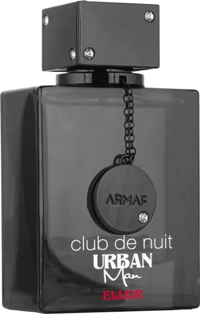 A black perfume bottle with a chain and a circular tag.