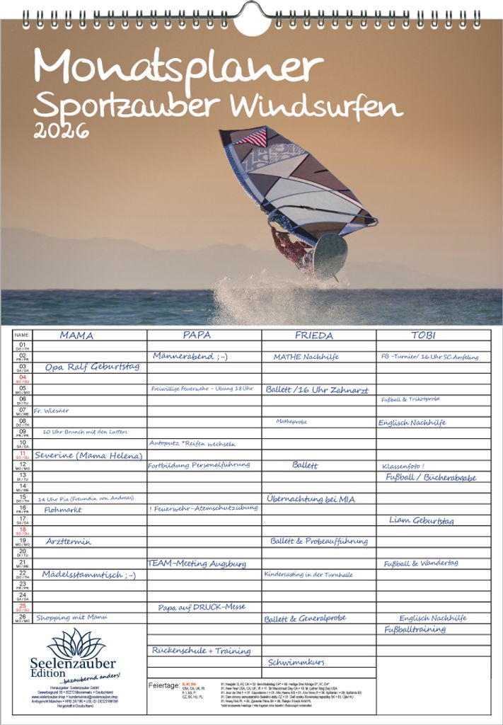 Sportzauber Windsurfen Planer Familienplaner 4 Spaltenplaner DIN A3 Kalender für 2026 Brettsegeln Segelsurfen Stehsegeln - Seelenzauber