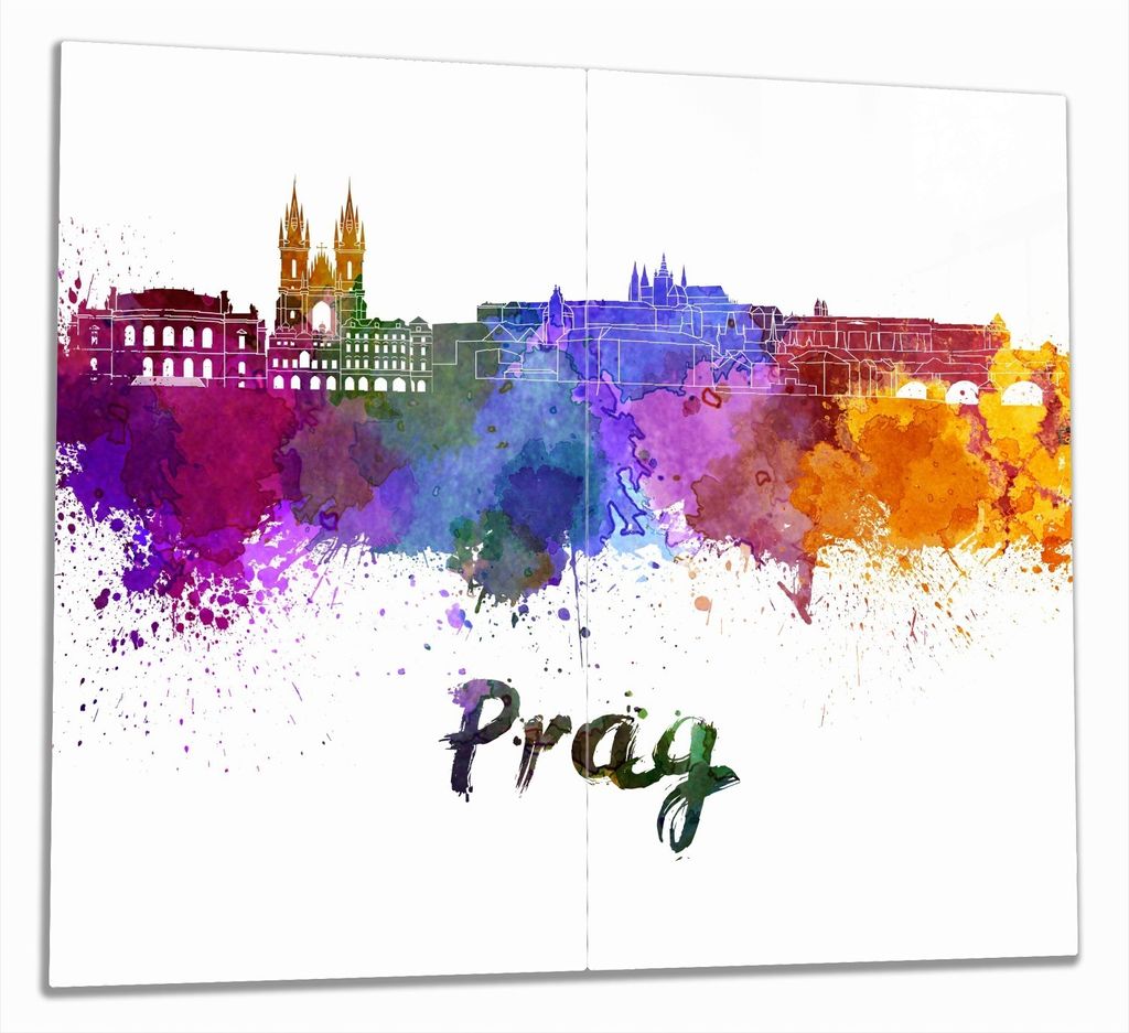 Wallario Herdabdeckplatte aus Glas, Größe 60 x 52 cm 2-teilig, Motiv Städte als Aquarell - Skyline von Prag