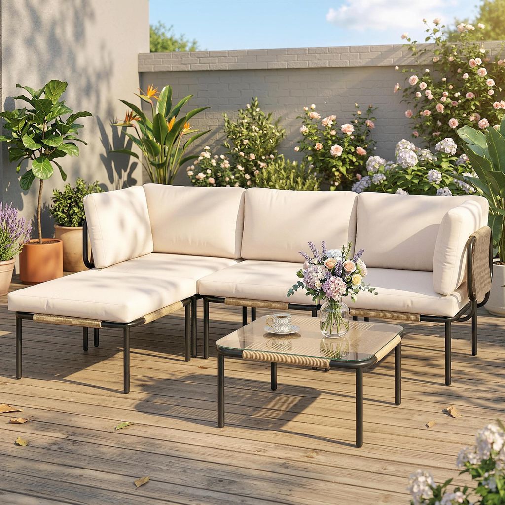 Polyrattan Gartenmöbel Set 5-teilig, Lounge Set Sitzgruppe, Sessel Glastisch Hocker, abnehmbare Kissen, Khaki | 192 x 126 cm | PE-Rattan Stahl