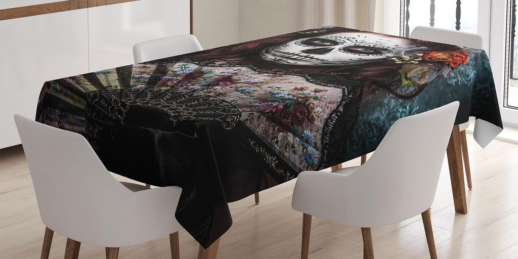ABAKUHAUS Tag der Toten Tischdecke, Künstler Mädchen mit Toten Schädel Scary Maske Rosen Artwork Print, 140 x 170 cm, Kadett Blau Kastanienbraun