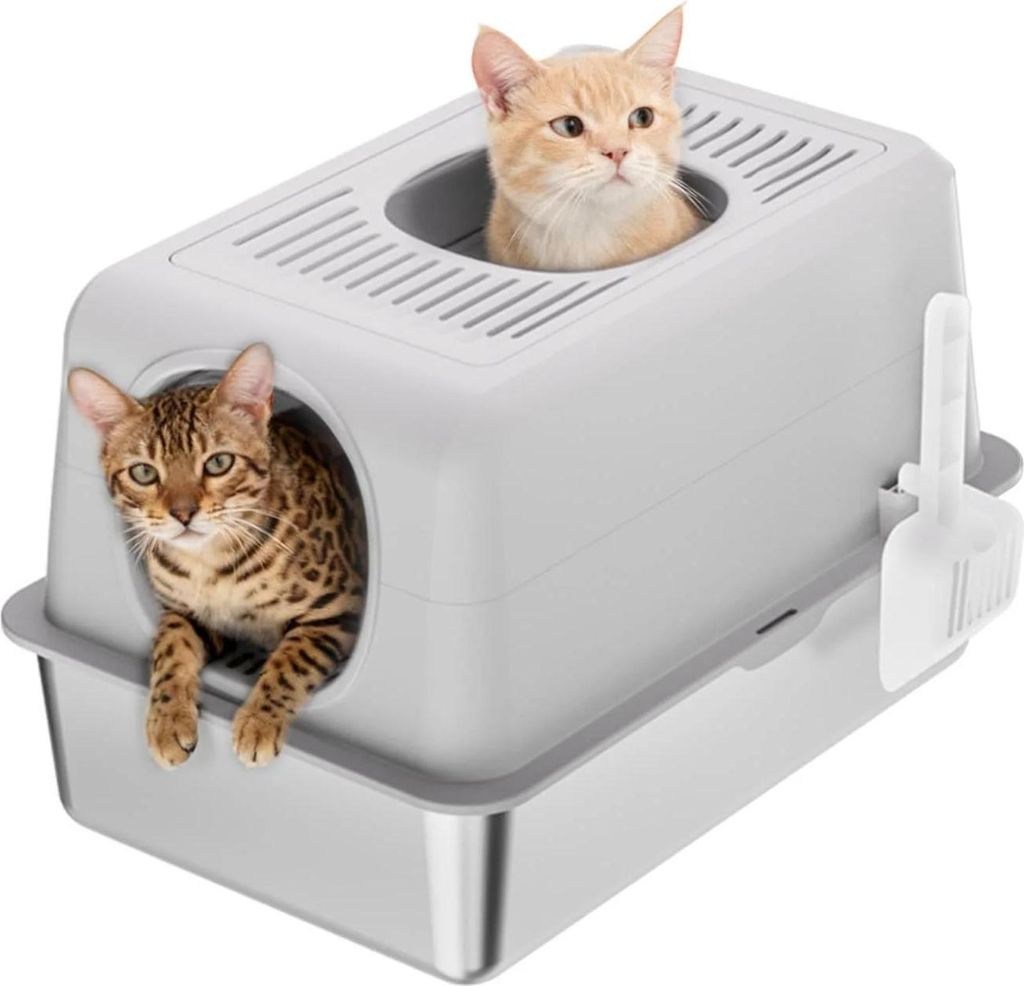 Katzentoilette - Edelstahl - Geschlossene Bauweise - Hohe Seiten - Mit Deckel - Schaufel inklusive - Extra groß für große Katzen