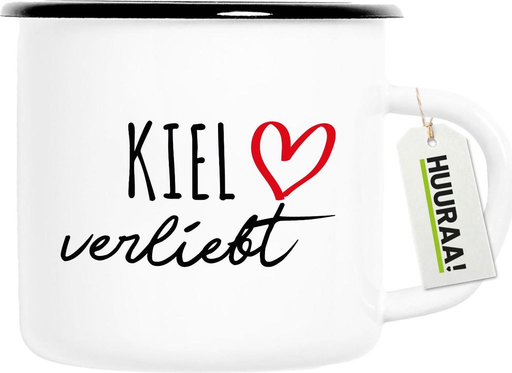 Huuraa Emaille Tasse Kiel verliebt 300ml Vintage Campingbecher Geschenkidee