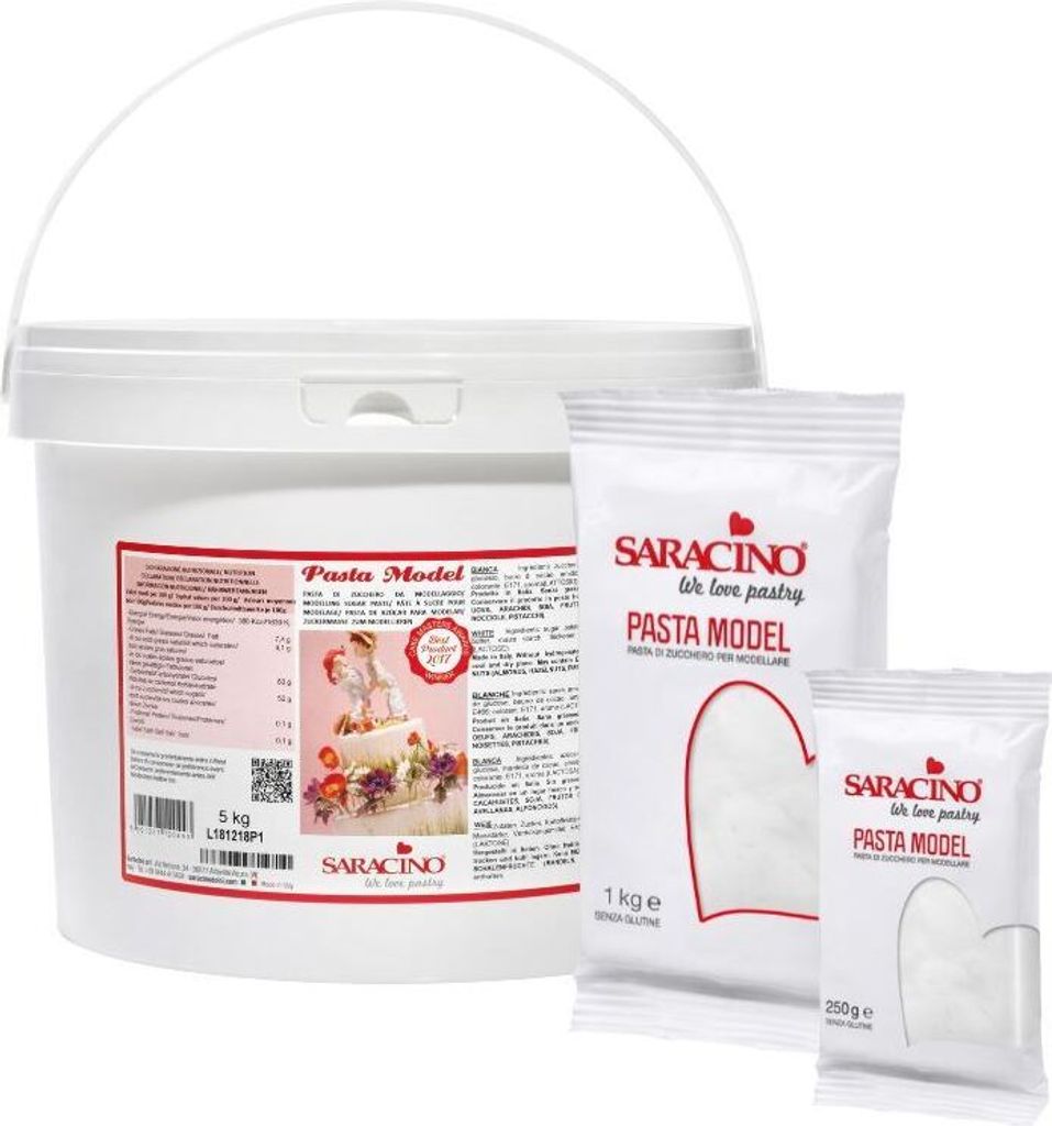 A white bucket and two white bags of Saracino Pasta Model are displayed against a white background.