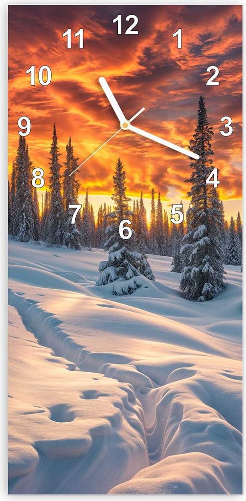 Wanduhr aus Glas mit Motiv Winter Sonnenuntergang- 30 x 60 cm - inkl. Aufhängesystem