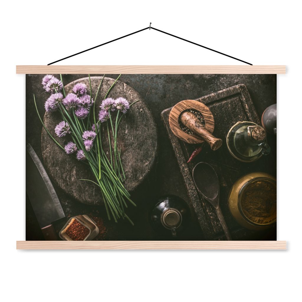 MuchoWow Textilposter Schnittlauch - Küche - Mörser - Rustikal - Kräuter - Lila 60x40 cm mit holzfarbenen Rahmen - Bilder