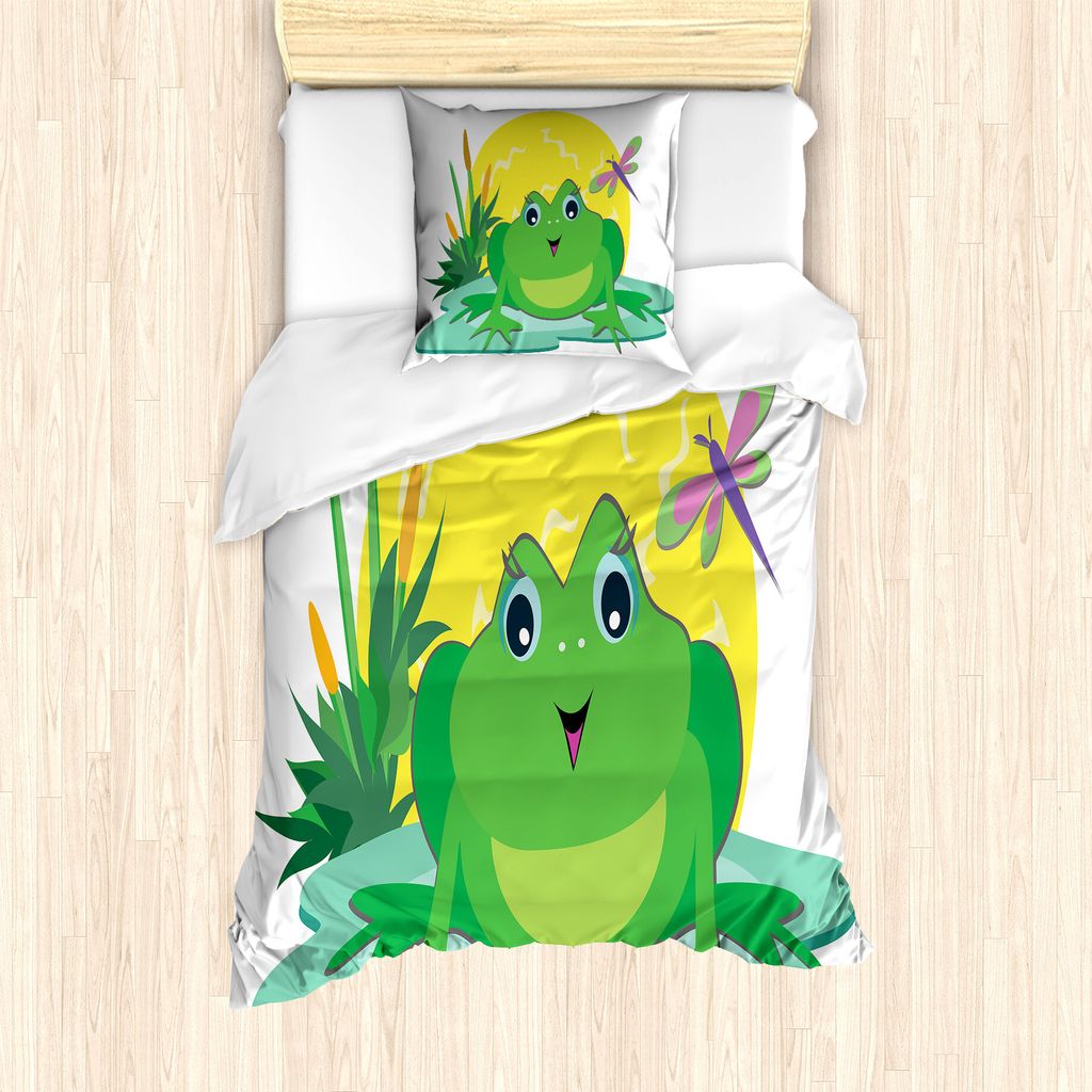 ABAKUHAUS Frösche Bettbezug Set für Einzelbetten, Tier auf Blatt Cartoon Sun, Milbensicher Allergiker geeignet mit Kissenbezug, 135 cm x 200 cm -...