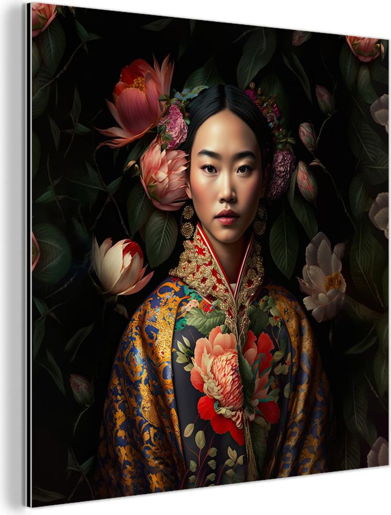 MuchoWow Wanddekoration Metall Metallbild Wandkunst 50x50 cm Frau - Asiatisch - Kimono - Blumen - Porträt MuchoWow Aluminium Gemälde - Alubild - ...
