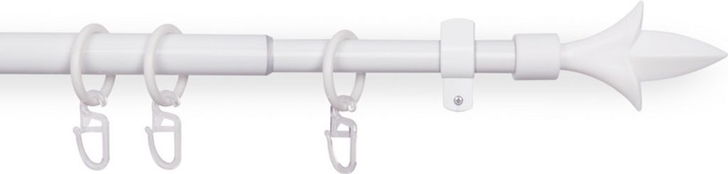 A white curtain rod with rings and a decorative finial.