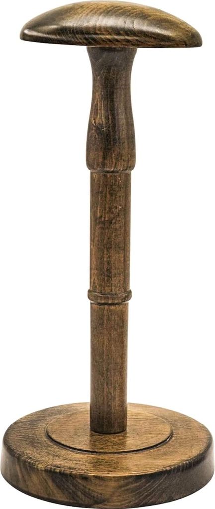 A wooden hat stand with a round base and a mushroom-shaped top, presented against a white background.