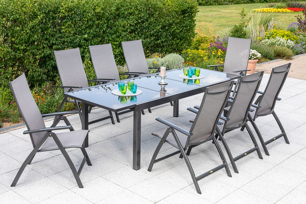Merxx Gartenmöbelset "Vicenza" 9tlg. mit Ausziehtisch 180/240 x 100 cm - Aluminiumgestell Graphit mit Textilbespannung Diamantbraun