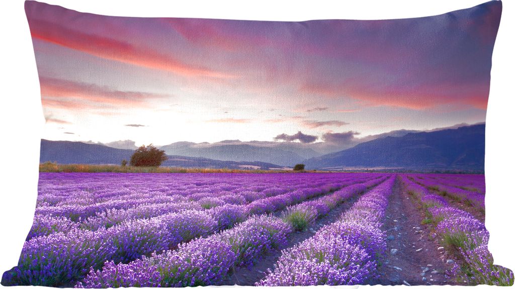 MuchoWow Zierkissen Sofakissen Wohnzimmer Dekokissen 50x30 cm Sonnenuntergang über Lavendel - Wohnzimmerdekoration - Polster mit Photo