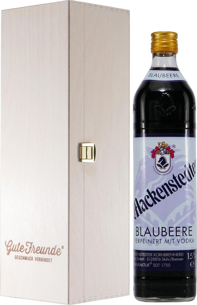 Mackenstedter Blaubeere Likör mit Geschenk-Holzkiste