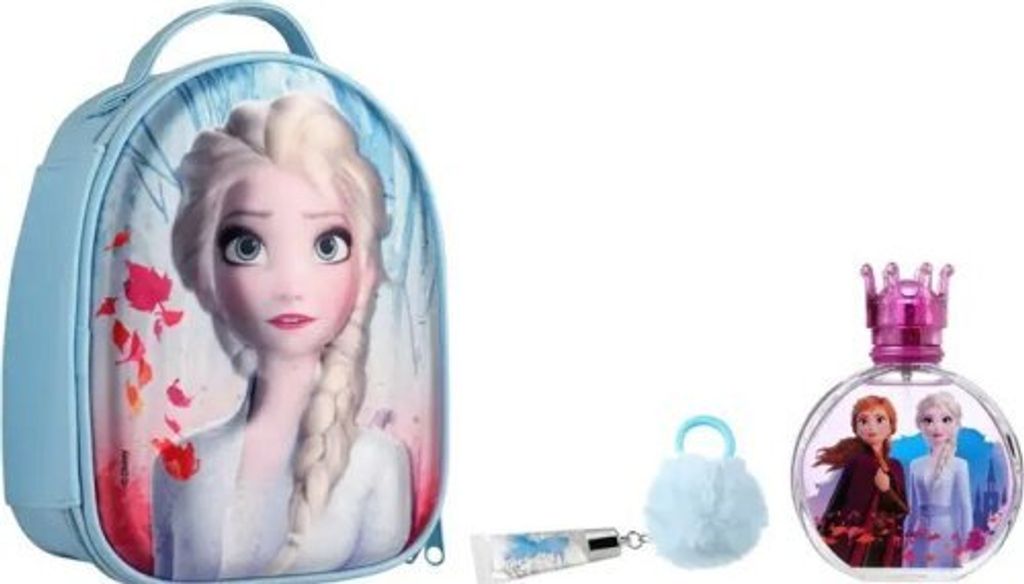 A Disney Frozen II themed gift set including a backpack, perfume, and lip gloss.