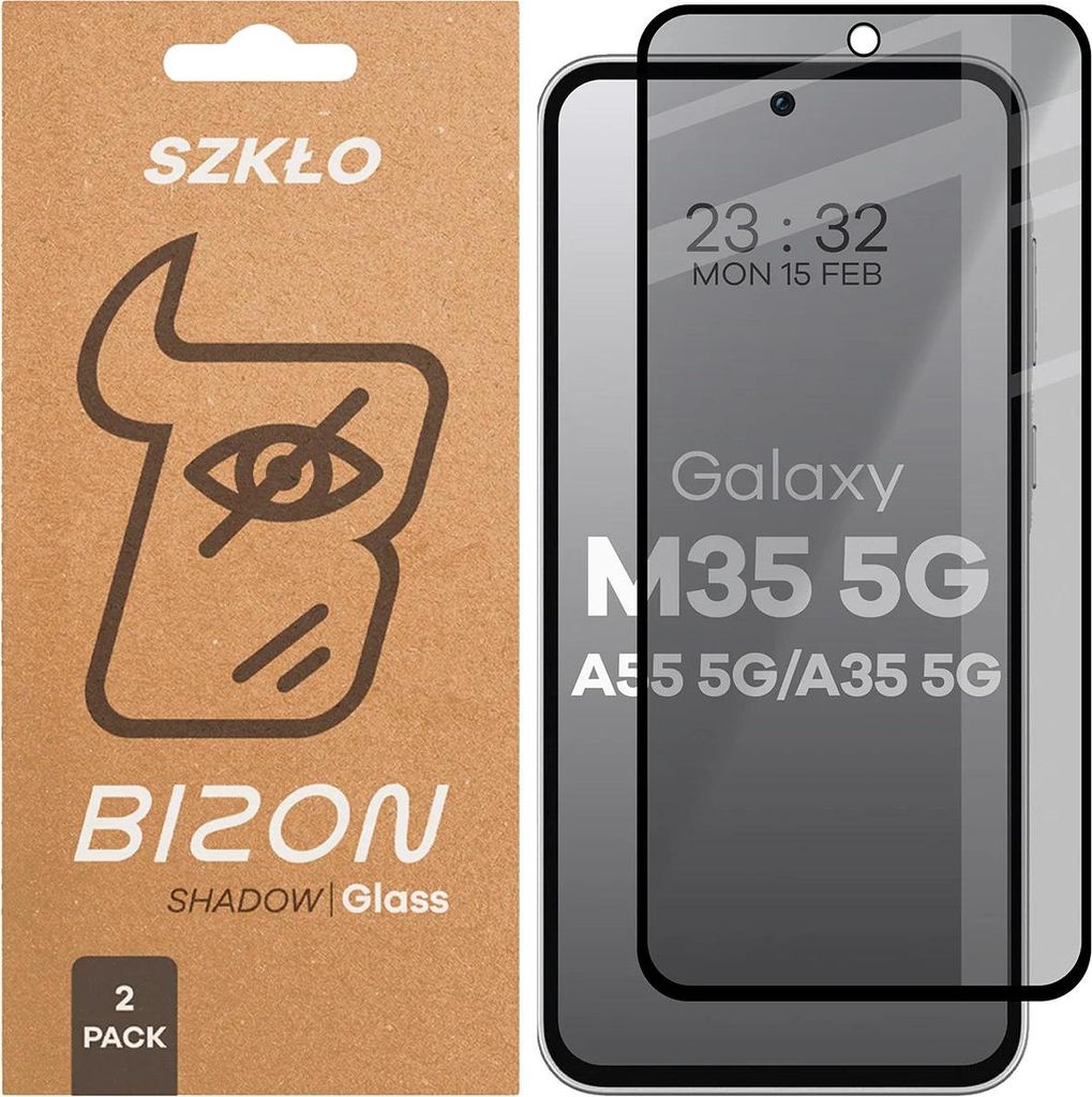 2x Gehärtetes Glas mit Privatschutzfilter für Galaxy M35 5G / A35 5G / A55 5G, Bizon Glass Edge Shadow Duo, getönt mit schwarzer Rahmen