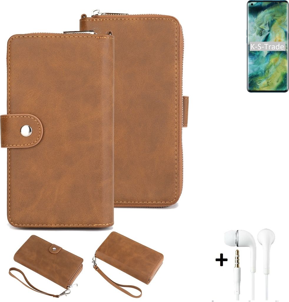 K-S-Trade Handy Schutz Hülle kompatibel mit Oppo Find X2 + Kopfhörer Portemonnee Tasche Wallet-Case Bookstyle-Etui braun (1x)