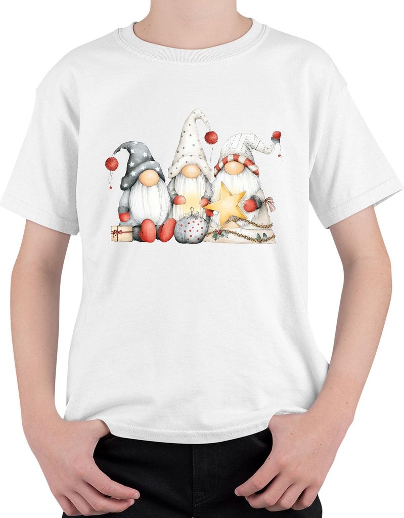 Weihnachtswichtel Trio Stern Geschenk rot grau skandinavisch Cozy Uni Kinder T-Shirt, Weiß, 104