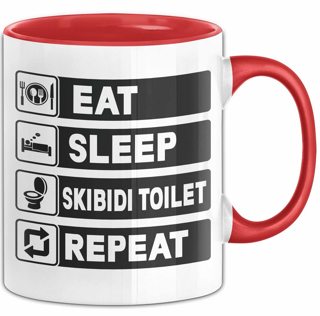 Skibidi Toilet Tasse Geschenk Meme Eat Sleet Repeat Becher Geschenkdiee (Rot)