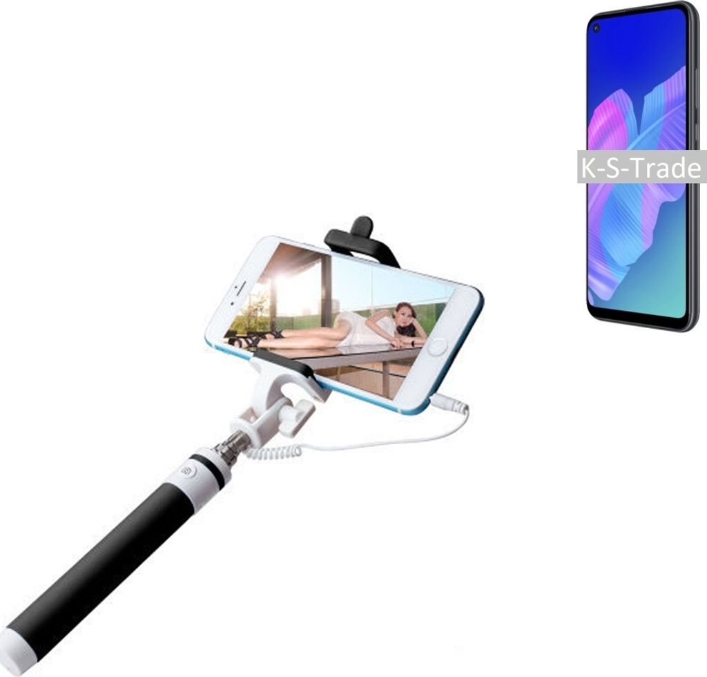 K-S-Trade Selfie Stick kompatibel mit Huawei P40 lite E Selfiestick kabelgebunden Monopod mit Kabel Stab Stange Selfportrait Handheldstick schwarz 1x