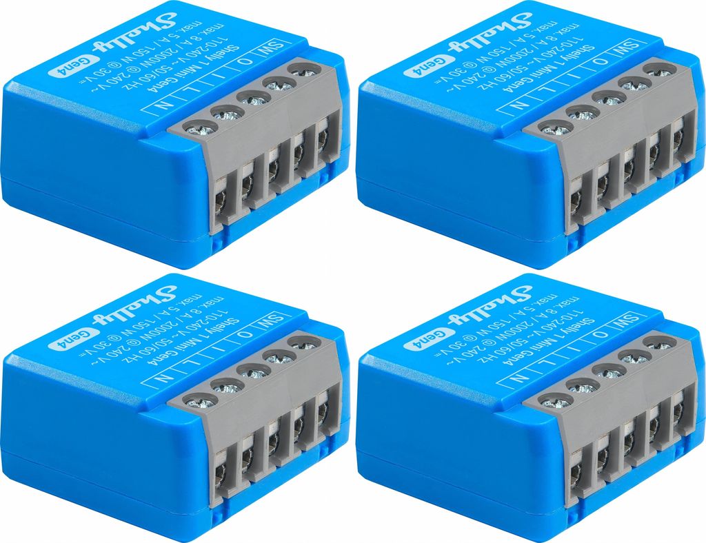 SHELLY Relais 1 Mini Gen4, 8 A, WLAN, Bluetooth, blau, 4 Stück