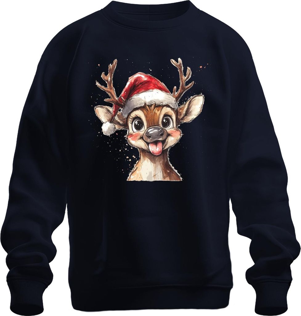 Weihnachtsrentier Lustig Zunge Niedlich Kinder Geschenk Cartoon Uni Sweatshirt Pullover, Navy, S