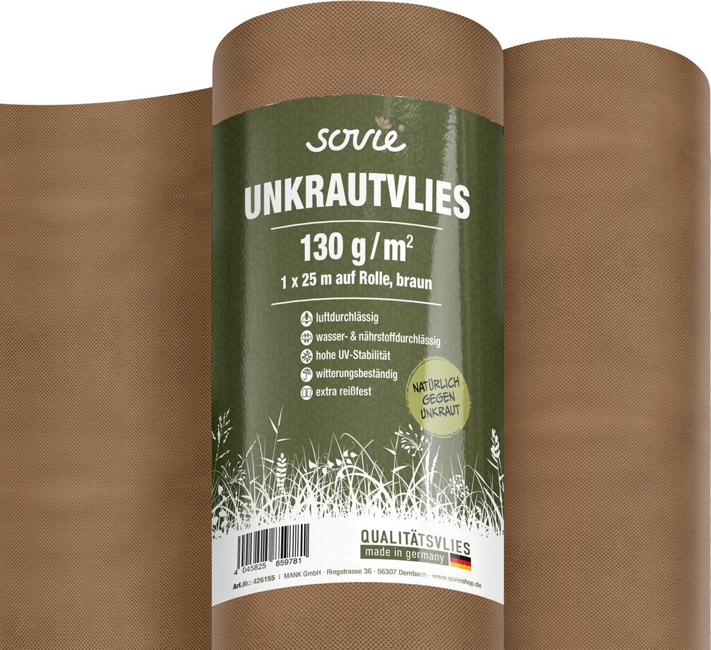 Gartenvlies-Rollen in Braun aus PP-Spinnvlies 130g/m², 1 m x 25 m, 1 Stück - Unkrautvlies