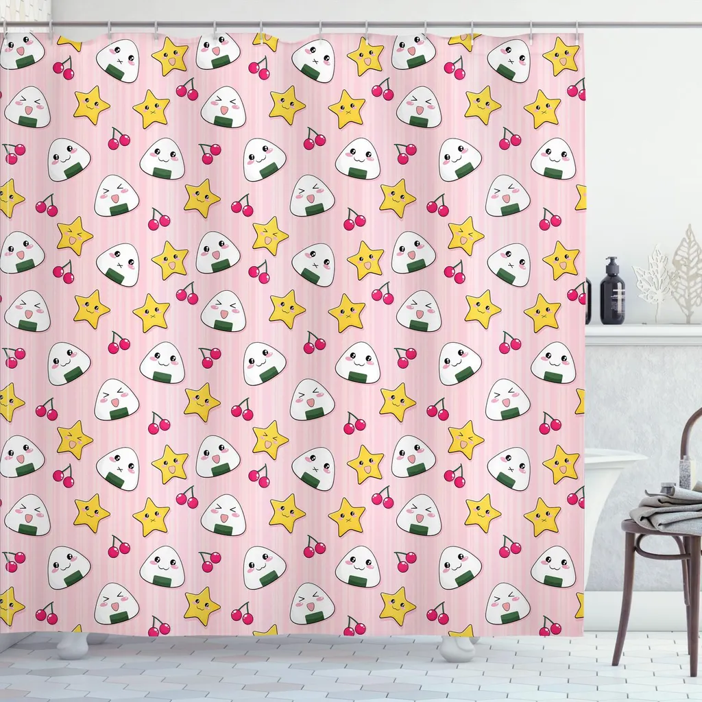 Tenda Doccia Anime ABAKUHAUS 175x220 - Design Kawaii Onigiri e Ciliegie