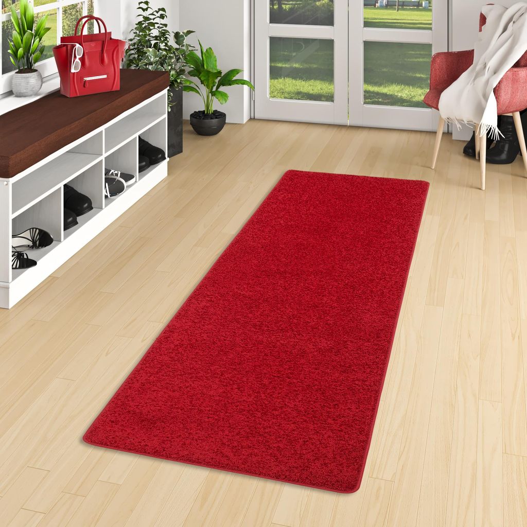 Hochflor Langflor Teppich Läufer Cottage Einfarbig, Größe:100x100 cm, Farbe:Rot