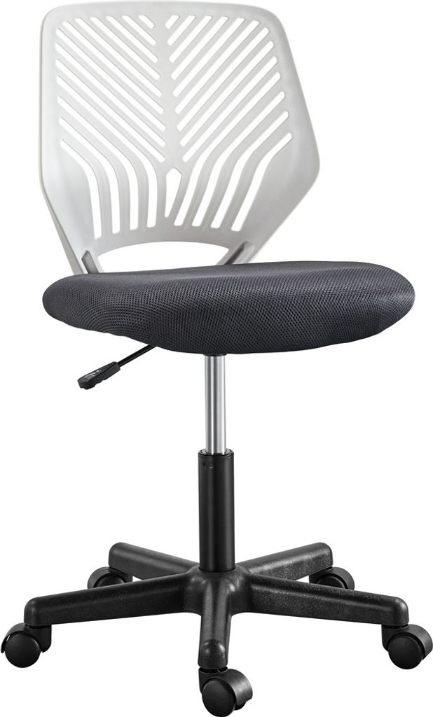 A white and dark gray office chair with a black base and wheels, shown from the front.
