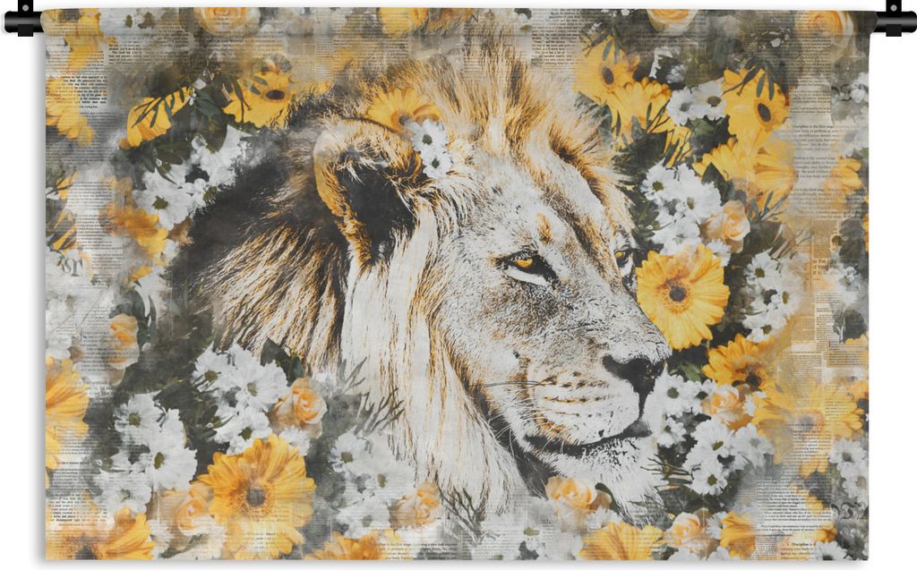 MuchoWow Wandteppich Wandbehang Löwe - Blumen - Schwarz - Weiß 120x80 cm Tapisserie Dekoration Wandtuch - Wanddekorationen - Wandtücher
