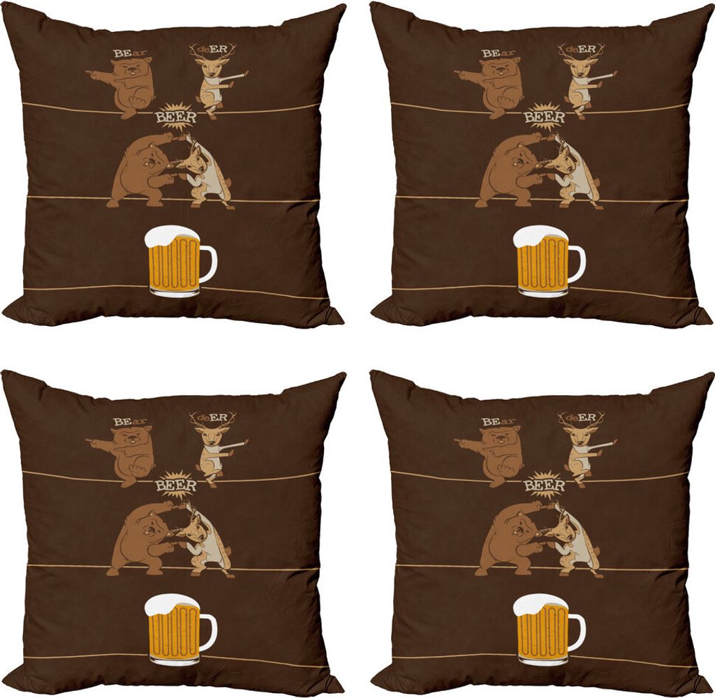 ABAKUHAUS Lustiger Bär Kissenbezug Set (4 Stück), Bär Deer Bier Pub Magie, Moderner Doppelseitiger Digitaldruck, 40 cm x 40 cm, Dunkler Kakao Ca...