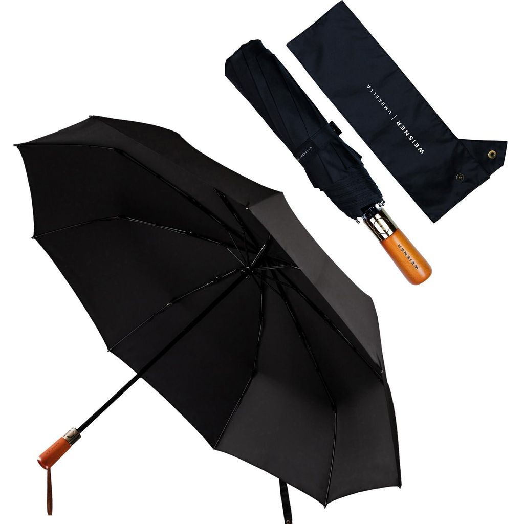 Regenschirm – Automatik, WEISNER Sparkler, Taschenschirm mit Holzgriff – sturmfest, teflonbeschichtet, FlexiGlass, Lederschlaufe-Etui (für 1 P...