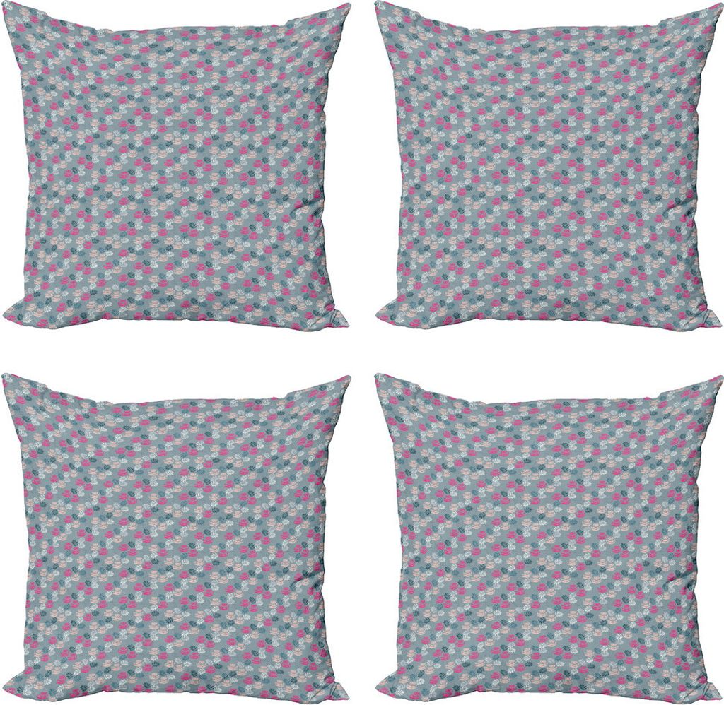ABAKUHAUS Blumen Kissenbezug Set (4 Stück), Belaubter Zweig und Rosen-Motiv, Moderner Doppelseitiger Digitaldruck, 60 cm x 60 cm, Blau, Grau, Dunk...