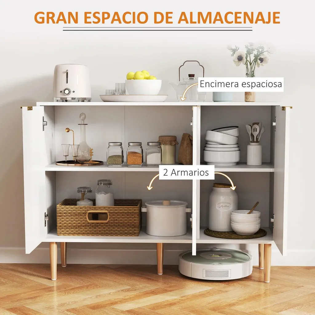 Buffet Gain de Place Blanc avec Tablette Modulable et 3 Portes