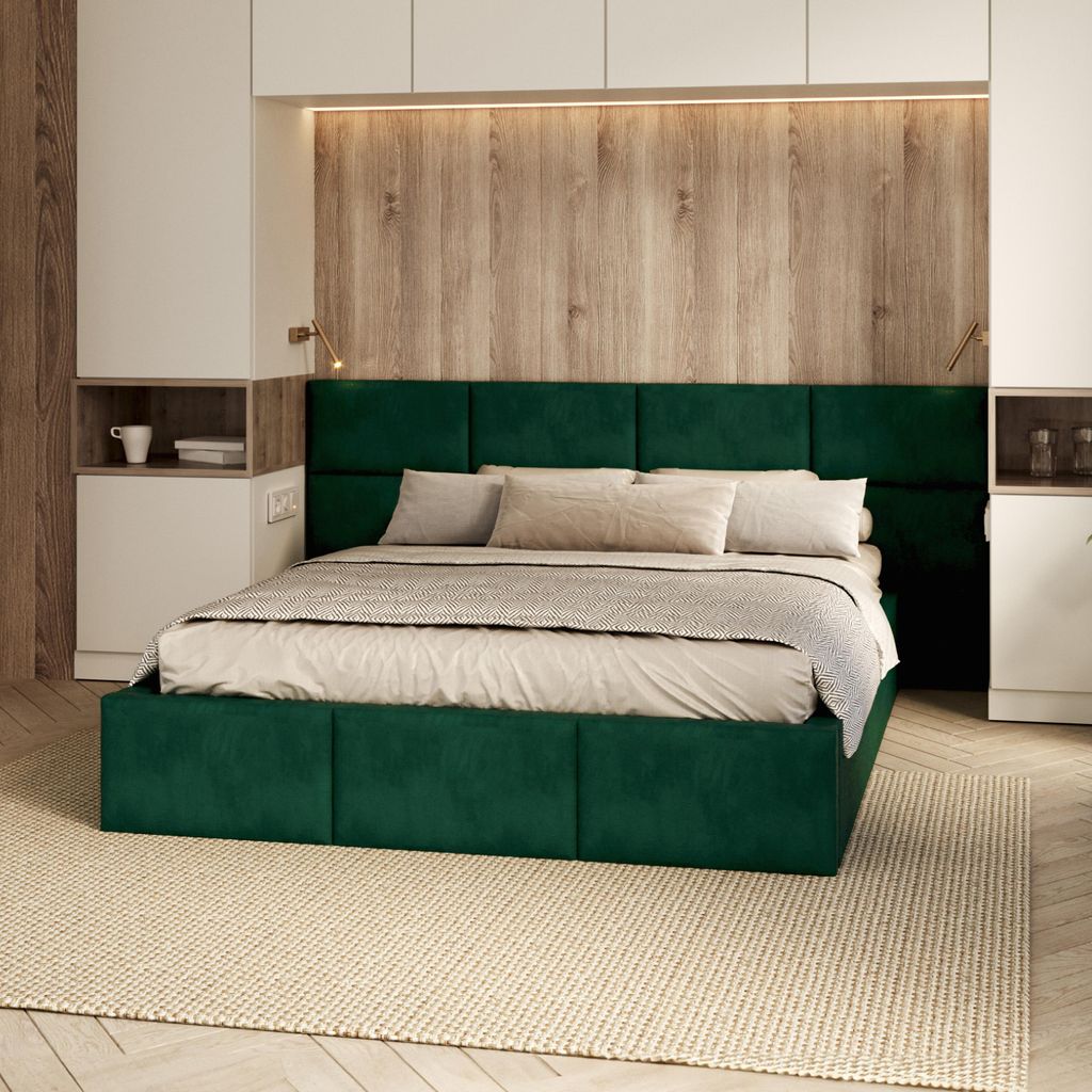 FDM Bett DORIS trinity 120x200 cm Polsterbett mit Lattenrost aus Metall Bettkasten Stauraumbett Samt dunkelgrün Wandpaneele