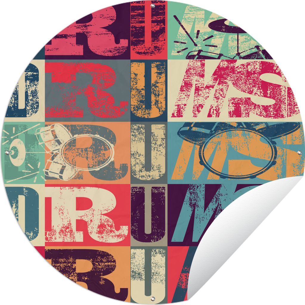 MuchoWow Gartenposter Outdoor-Poster Rund Farbig - Musik - Schlagzeug Ø 90 cm Gartendeko Rundes Poster draußen
