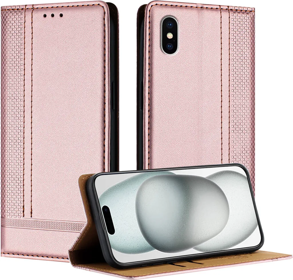 Custodia per iPhone XS /iPhone X in pelle con funzione stand Rosa