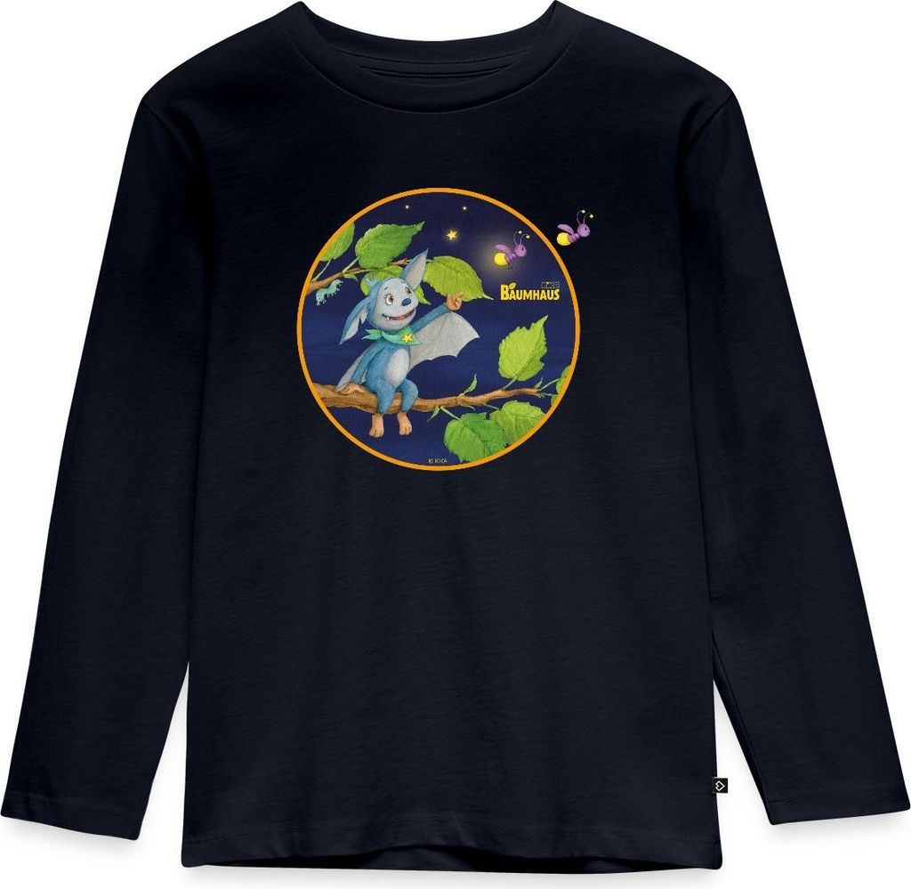 Spreadshirt KiKA-Baumhaus mit Fidi Sitzt auf Ast Kinder Premium Langarmshirt, 134/140 (8 Jahre), Navy