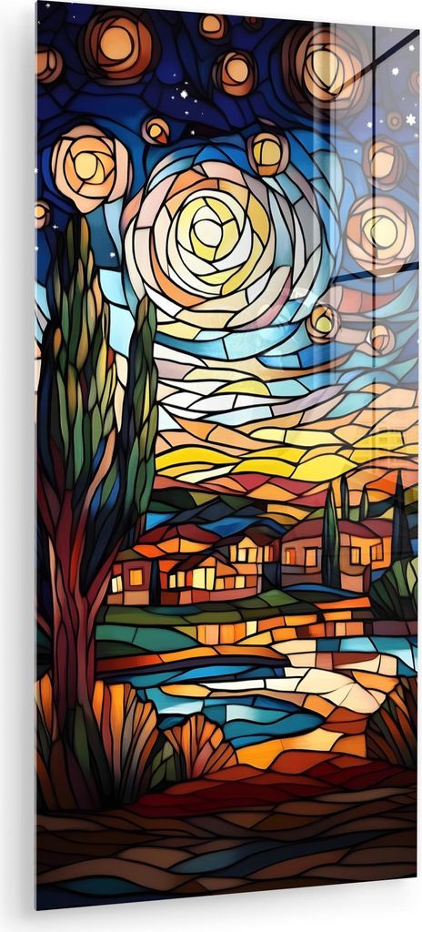 MuchoWow Glasbilder - Bilder auf Wandbild - Foto auf Glas Himmel - Sterne - Mosaik - Häuser 60x120 cm Wanddekoration aus Glas - Acrylglasbild - Ac...