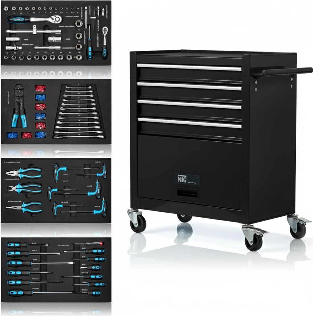Werkstattwagen inkl. Werkzeug 70 Teile - 4 Schubladen + großes Fach - Kugelgelagerte Schubladen - 2 Rollen m. Feststellbremse
