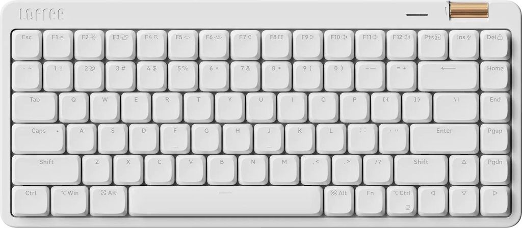 A top-down view of a white mechanical keyboard with a gold rotary knob on a white background.