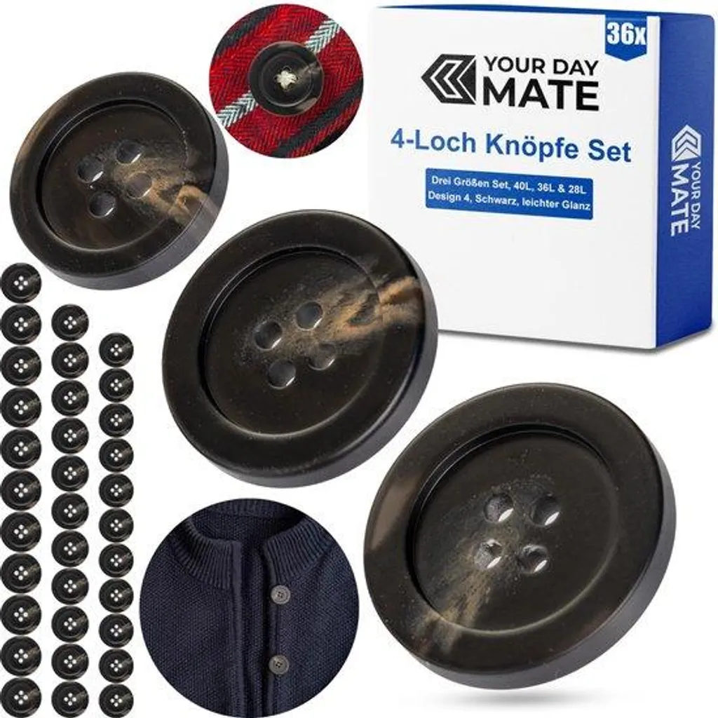 Boutons Lavables en Résine 4 Trous Noirs - Pack de 3 Tailles Assorties