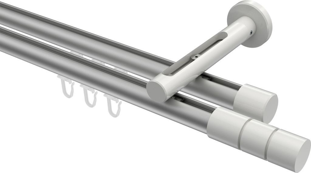 Interdeco Innenlaufstange / Gardinenstange mit Innenlauf Silbergrau / Weiß, Typ Siteno Elanto (Rillenzylinder), 20 mm Ø 2-läufig, 240 cm